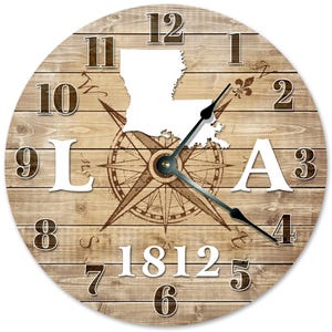 Louisiana State Map Clock: Rustic Compass Rose, 15-inch Silent Wall Clock
