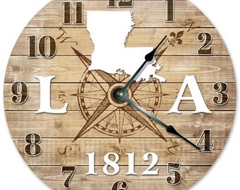 Louisiana State Map Clock: Rustic Compass Rose, 15-inch Silent Wall Clock