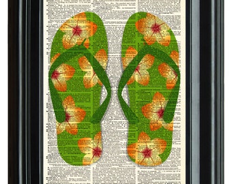 Lámina artística de diccionario vintage de chanclas, temática playera (8,25 x 11,25)