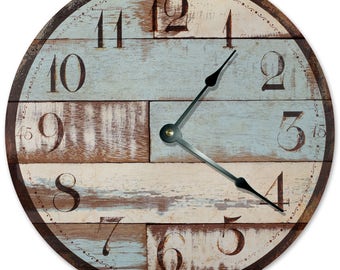 10.5" BLUE RUSTIC WOOD Boards Clock  - Rustic Clock Large 10.5 inch - Novelty Clocks Printed wood image - Wall Clocks Worn Wood - 2025