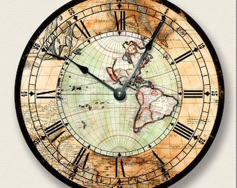 ANTIQUE MAP Wall Clock - Western Hemisphere - Old World Look - Large 10.5" Wall Clock - Round Wall Clock - Vintage Image - Classroom Clock