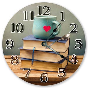 10.5&quot; Books with Coffee Cup Clock- Living Room Clock - Large 10.5&quot; Wall Clock - Home Décor Clock - 3353