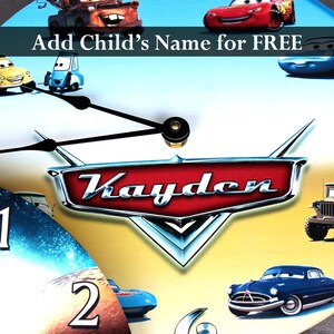 A clock with a Disney Pixar Cars theme, featuring various iconic car characters from the movie.