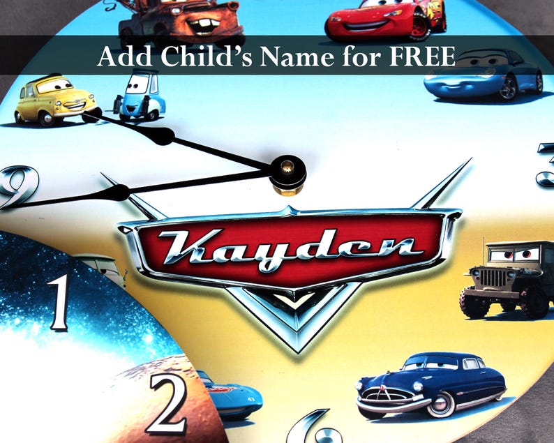 A clock with a Disney Pixar Cars theme, featuring various iconic car characters from the movie.