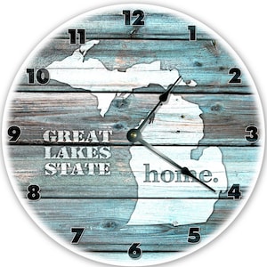 12" MICHIGAN TEAL RUSTIC Look Clock - Large 12 inch Wall Clock - Printed Decal Image - 12" Mi Teal