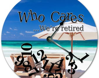 Retired Beach Clock: "Who Cares" Coastal Living Room Decor (10.5")