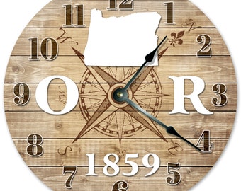 OREGON STATE Clock Established in 1859 Compass Map Clock - Huge 15 inch Clock - Wall Clocks - Rustic State Clock