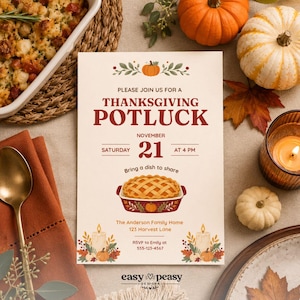 Thanksgiving Potluck Invitation Template, Editable Fall Potluck Invite, Bring a Dish Canva Evite, Printable Family Dinner Party