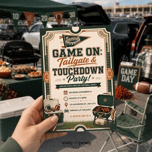 May include: A rectangular party invitation card featuring a football theme with the text GAME ON: Tailgate & TOUCHDOWN Party! The design includes illustrations of a stadium pennant, a cooler, and a charcoal grill with sausages, plus event details.