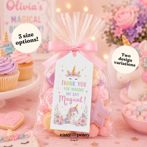 Printbare eenhoorn-feestlabels, multifunctioneel, 5 x 9 cm, direct te downloaden, bewerkbare Canva-sjabloon, verjaardagsthema voor meisjes