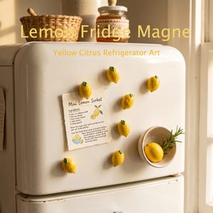 Farmhouse Lemon Fridge Magnet Set of 3 | Cottagecore Summer Kitchen Decor | Yellow Citrus Refrigerator Art, Housewarming Gift for Her