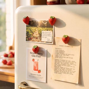 Può includere: Quattro magneti realistici a forma di fragola attaccati a un frigorifero color crema. I magneti tengono una fotografia di un campo di fragole, una scheda ricetta per Strawberry Gin Fizz e un foglio vintage con una ricetta di crostata.