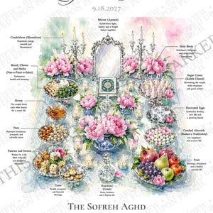 May include: A watercolour illustration of a Sofreh Aghd wedding spread featuring the text Welcome to the Wedding of Layla & Kian 9.18.2027. The table displays pink peonies, candelabras, a mirror, a holy book, sugar cones, and various food items.