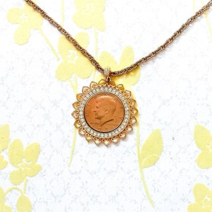 Money Money Money Money - Vintage Jewelry 1970s Gold Plated 1974 JFK Half Dollar Clear Rhinestone Medallion Necklace WLP