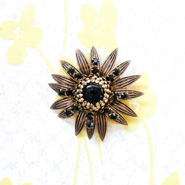 Gone But Not Forgotten - Vintage Jewelry 1940s Goth Mourning European Black Glass Cabochon Brass Flower Brooch Pin