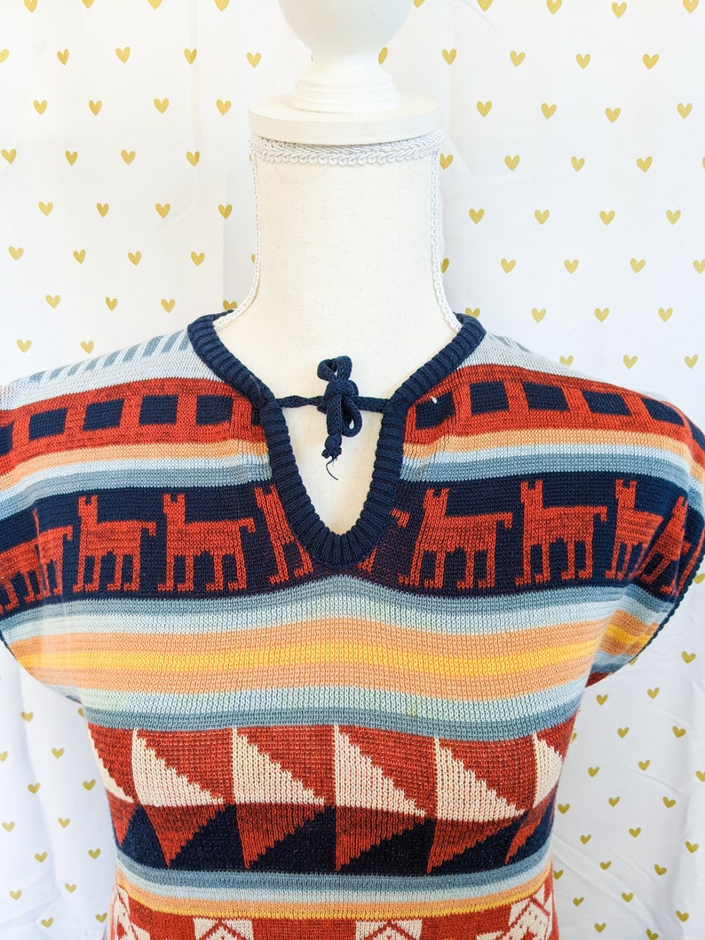 Vintage 1970s Knitted Short Sleeve Hippie Boho Surfer Native American Sweater Shirt Blouse Dazed /& Confused