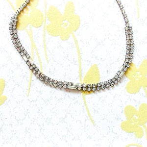 Time To Shine - Vintage Jewelry 1980s Clear Rhinestone Skinny Ribbon Silver Tone Choker Necklace