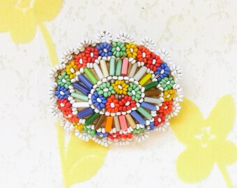 Rainbow Bright - Vintage Antique Jewelry 1920s 1930s 1940s Rainbow Hand Beaded Flowers Brooch Pin