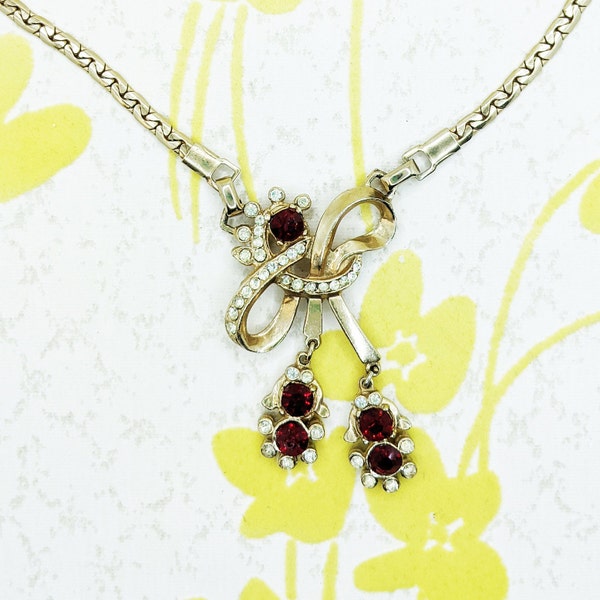 Let's Go To Knot's Landing - Vintage Jewelry 1950s Ruby & Crystal Rhinestone Bow Art Deco Necklace Gold Tone