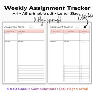 Op de afbeelding: Een printbare PDF-set Weekly Assignment Tracker in A4, A5 en Letter-formaten. De bewerkbare spread van twee pagina's bevat secties voor notities en taakopvolging met kolommen voor projectnaam, kerntaken en deadlines.