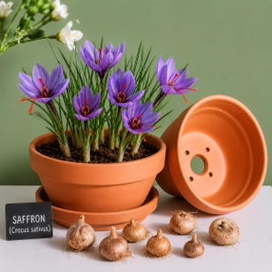 May include: A terracotta pot containing blooming purple saffron crocus flowers with bright red stigmas, alongside a matching empty pot, several brown crocus bulbs, and a black rectangular sign with the text SAFFRON (Crocus sativus).