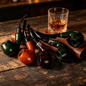 May include: A collection of four tobacco pipes with curved black stems and polished bowls in green, orange, and dark brown wood finishes, resting on a brown leather case next to a clear glass tumbler filled with an amber-coloured liquid.