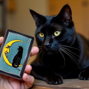 Può includere: Un astuccio metallico rettangolare con un'illustrazione grafica di un gatto nero seduto su una mezzaluna gialla con un volto umano. L'astuccio ha un bordo scuro ed è tenuto davanti a un gatto nero con occhi gialli che guarda l'oggetto.