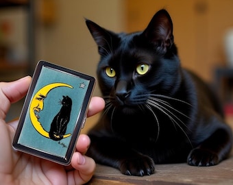 Estuche para cigarrillos Gato negro en la luna estilo vintage Cartera de metal hecha a mano