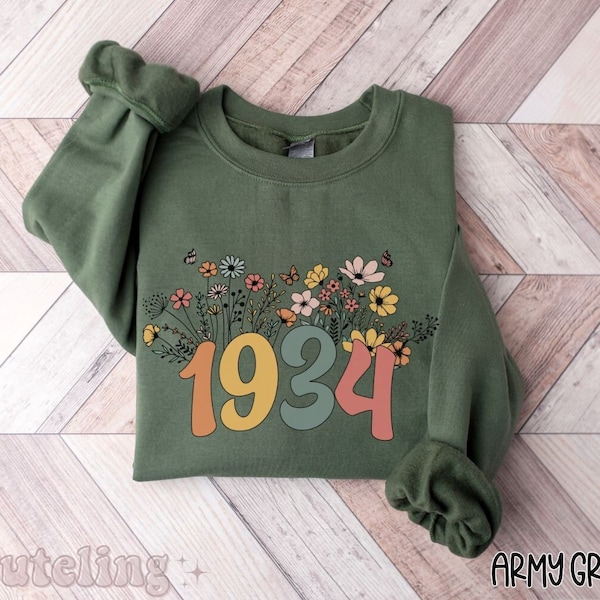 Felpa Wildflower 1934, Felpa per il 90° compleanno, Camicia con numero dell'anno di nascita 1934 per donne, Felpa di compleanno, Regalo per la festa dei 90 anni