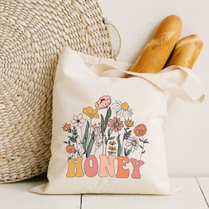 Gepromoveerd tot honing, zwangerschap aankondiging cadeau, canvas tas, nieuwe oma cadeau, nieuwe baby aankondiging, retro Wildflowers baby onthullen cadeau