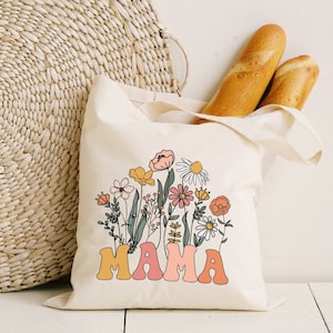 Wildflowers Mama Tote Bag, Mother's Day Gift for New Mom Gift, Baby Shower Gift, Pregnancy Gift, Retro Mama Tote, Canvas Tote bag for Mom