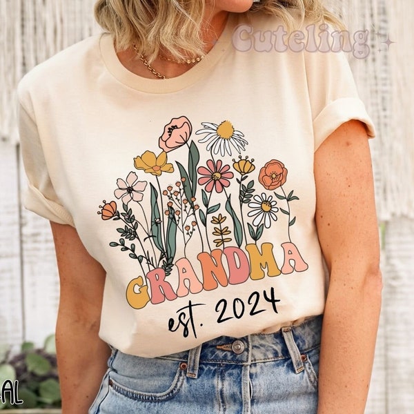 Grandma Shirt, Wildflowers Grandma Shirt, Grandma Est 2024 Gift for New Grandmother, Pregnancy Announcement 2024 Groovy retro Grandma tshirt