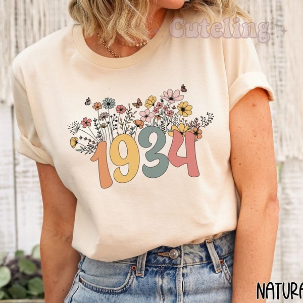 1934 Shirt, 90th Birthday Shirt, Wildflowers 1934 Birth Year Number Shirt for Women, Birthday TShirt, Turning 90 Gift, 1934 plus size tops