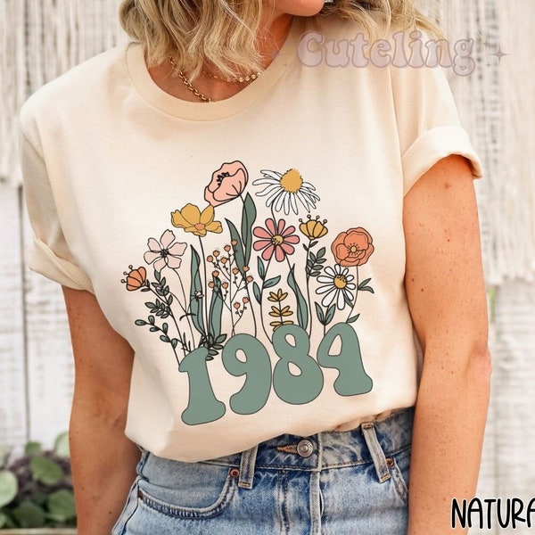 1984 Shirt, 40th Birthday Shirt, Wildflowers 1984 Birth Year Number Shirt for Women, Birthday TShirt, Turning 40 Gift, 1984 plus size tops
