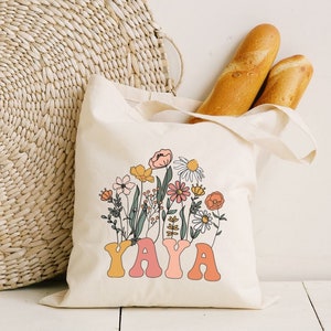 Gepromoveerd tot Yaya, Zwangerschapsaankondigingscadeau, Canvas Tote Bag, Nieuw omacadeau, Nieuwe babyaankondiging, Retro Wilde bloemen, Baby Reveal Gift