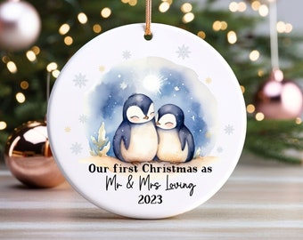 First Christmas Married Ornament Personalized Mr and Mrs 2023 Ornament Custom Married Christmas 2023 Ornament Wedding Keepsake Cute Penguins