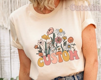 Camiseta personalizada de flores silvestres, camisetas personalizadas, lindas camisetas personalizadas para mujer, camisetas con impresión personalizada, camisetas retro personalizadas y geniales para regalar.