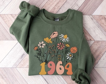 Wildflowers 1964 Sweatshirt 60th Birthday Sweatshirt Wildflowers 1964 Birth Year Number Sweatshirt Women Turning 60 Gift Plus Size Sweater