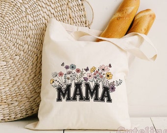 Sac cabas maman, cadeau fête des mères pour une nouvelle maman, cadeau baby shower, cadeau grossesse, cabas maman fleurs sauvages, cartable en toile pour maman, liseuse