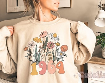 Wildflowers 1964 Sweatshirt 60th Birthday Sweatshirt Wildflowers 1964 Birth Year Number Sweatshirt Women Turning 60 Gift Plus Size Sweater