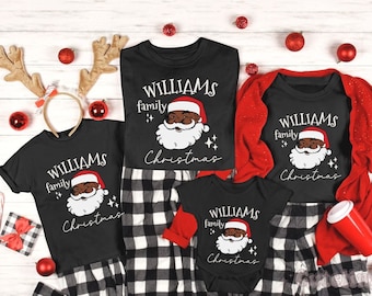 Camisas navideñas familiares, camisa negra de Papá Noel, camisa con tu nombre, camisas navideñas afroamericanas con melanina familiar a juego, nombre personalizado