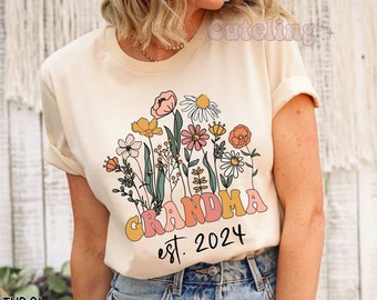 Oma Shirt, Wildblumen Oma Shirt, Oma Est 2024 Geschenk für neue Großmutter, Schwangerschaft Ankündigung 2024 Groovy Retro Oma Tshirt