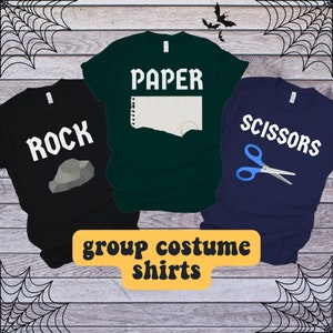 Halloween Group t-shirts, Funny matching costume shirts, Rock Paper Scissors game, Matching 3 sibling shirts, brother sister cousins