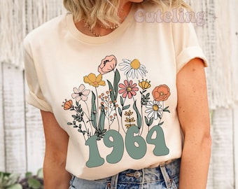 1964 Shirt, 60th Birthday Shirt, Wildflowers 1964 Birth Year Number Shirt for Women, Birthday TShirt, Turning 60 Gift, 1964 Gift for Mom