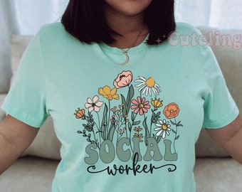 Camiseta de trabajo social retro, camiseta de trabajador social escolar, regalos de trabajador social escolar, camisa de trabajador social, regalo, camisa de flores silvestres verde salvia