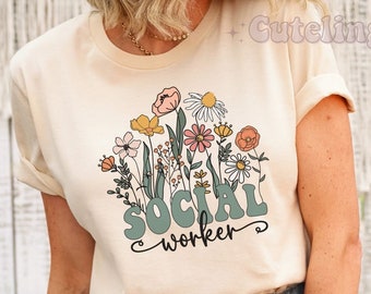 Maglietta per assistente sociale scolastico, maglietta per assistente sociale, regali per assistente sociale scolastico, maglietta per assistente sociale, regalo, maglietta con fiori di campo