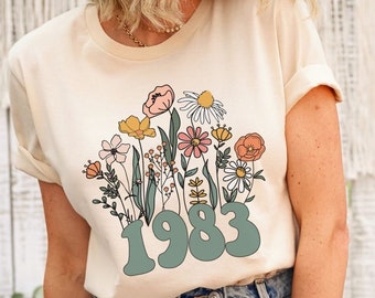 1983 Shirt, 40th Birthday Shirt, Wildflowers 1983 Birth Year Number Shirt for Women, Birthday TShirt, Turning 40 Gift, 1983 plus size tops