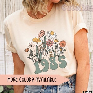 Chemise 1985, chemise 40e anniversaire, chemise fleurs sauvages 1985 numéro de l'année de naissance pour femme, t-shirt d'anniversaire, cadeau pour l'âge de 40 ans, hauts grandes tailles 1985