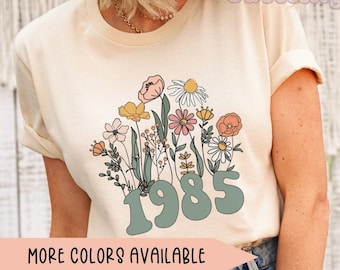 1985 Shirt, 40th Birthday Shirt, Wildflowers 1985 Birth Year Number Shirt for Women, Birthday TShirt, Turning 40 Gift, 1985 plus size tops