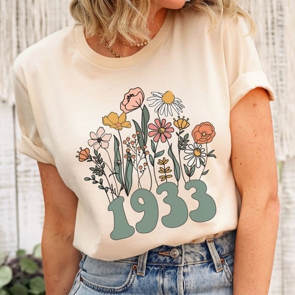 1933 Camicia, 90th Birthday Shirt, Wildflowers 1933 Anno di nascita Numero Camicia per Donne, Compleanno TShirt, Turning 90 Gift, 1933 plus size tops